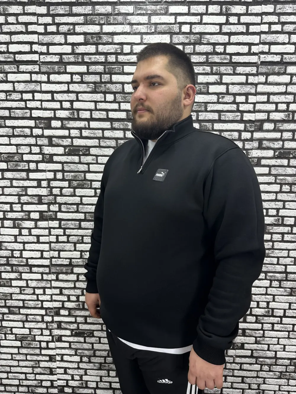3 İplik Şardonlu Erkek Büyük Beden Yarım Fermuarlı Sweat Dikiş Amblem