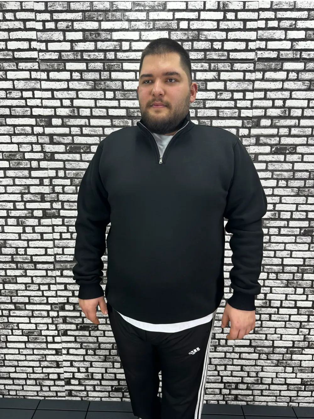 3 İplik Şardonlu Erkek Büyük Beden Yarım Fermuarlı Sweat Kabartma Baskı