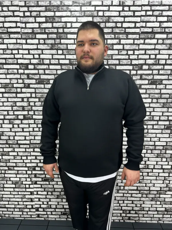 3 İplik Şardonlu Erkek Büyük Beden Yarım Fermuarlı Sweat Kabartma Baskı