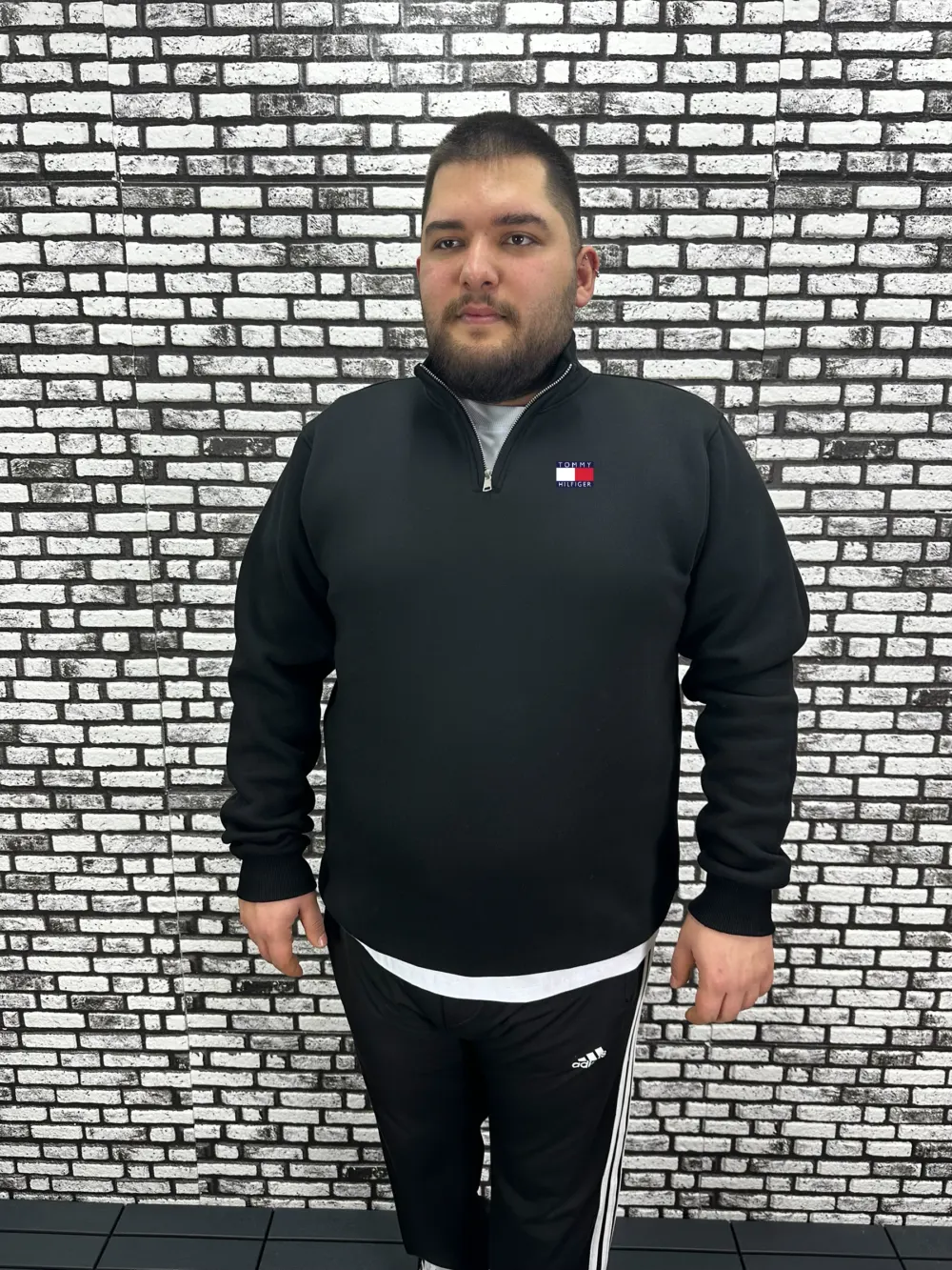 3 İplik Şardonlu Erkek Büyük Beden Yarım Fermuarlı Sweat Baskı