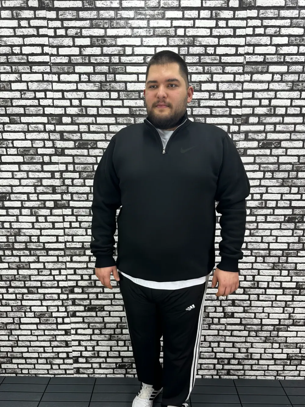 3 İplik Şardonlu Erkek Büyük Beden Yarım Fermuarlı Sweat Kabartma Baskı