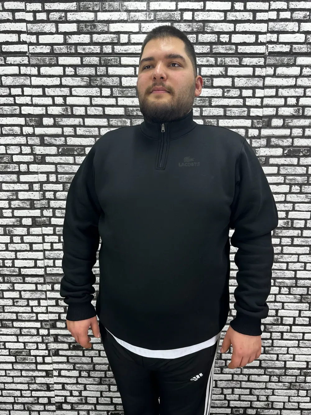 3 İplik Şardonlu Erkek Büyük Beden Yarım Fermuarlı Sweat Kabartma Baskı