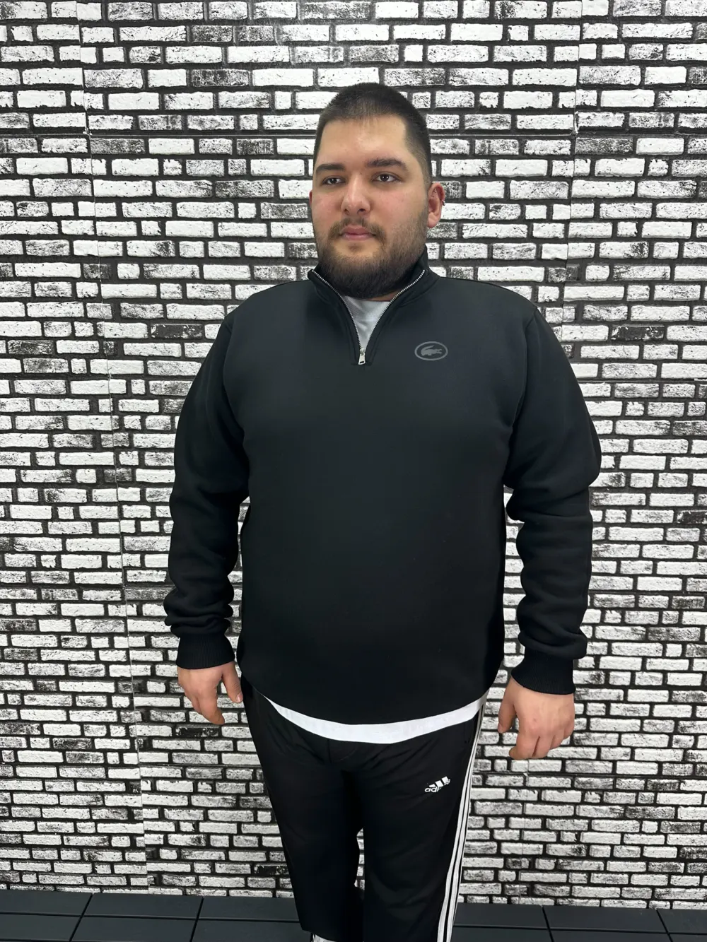 3 İplik Şardonlu Erkek Büyük Beden Yarım Fermuarlı Sweat Kabartma Baskı