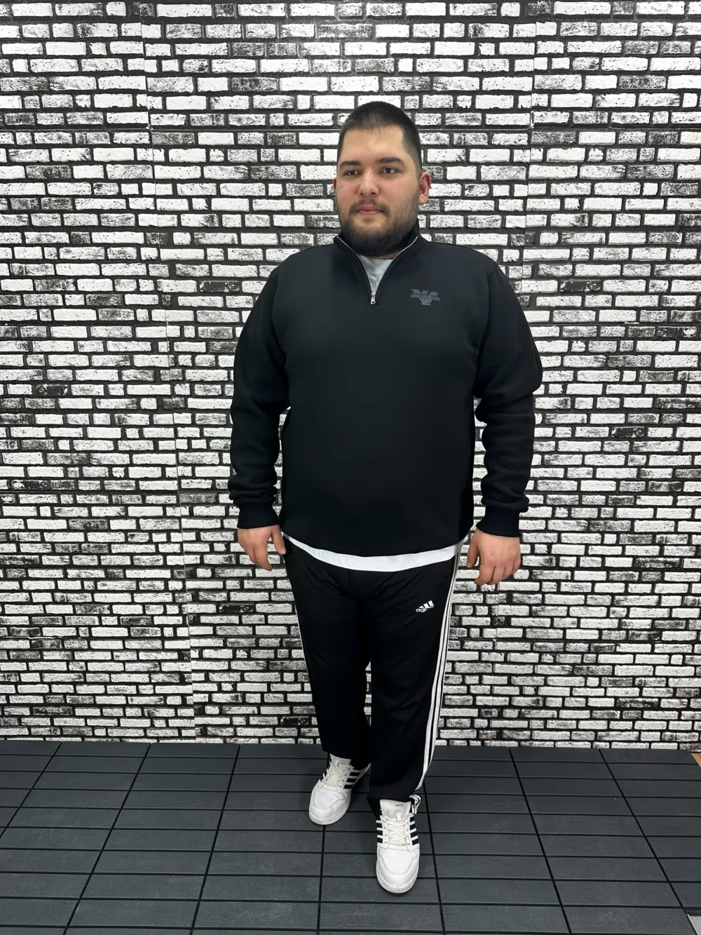 3 İplik Şardonlu Erkek Büyük Beden Yarım Fermuarlı Sweat Kabartma Baskı