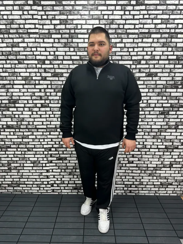 3 İplik Şardonlu Erkek Büyük Beden Yarım Fermuarlı Sweat Kabartma Baskı