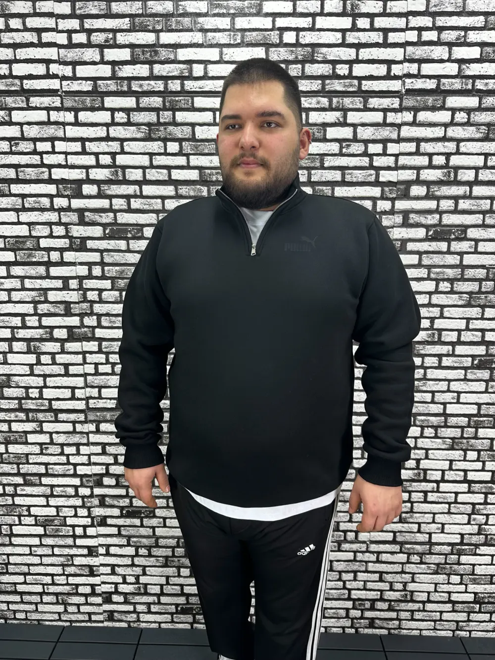 3 İplik Şardonlu Erkek Büyük Beden Yarım Fermuarlı Sweat Kabartma Baskı