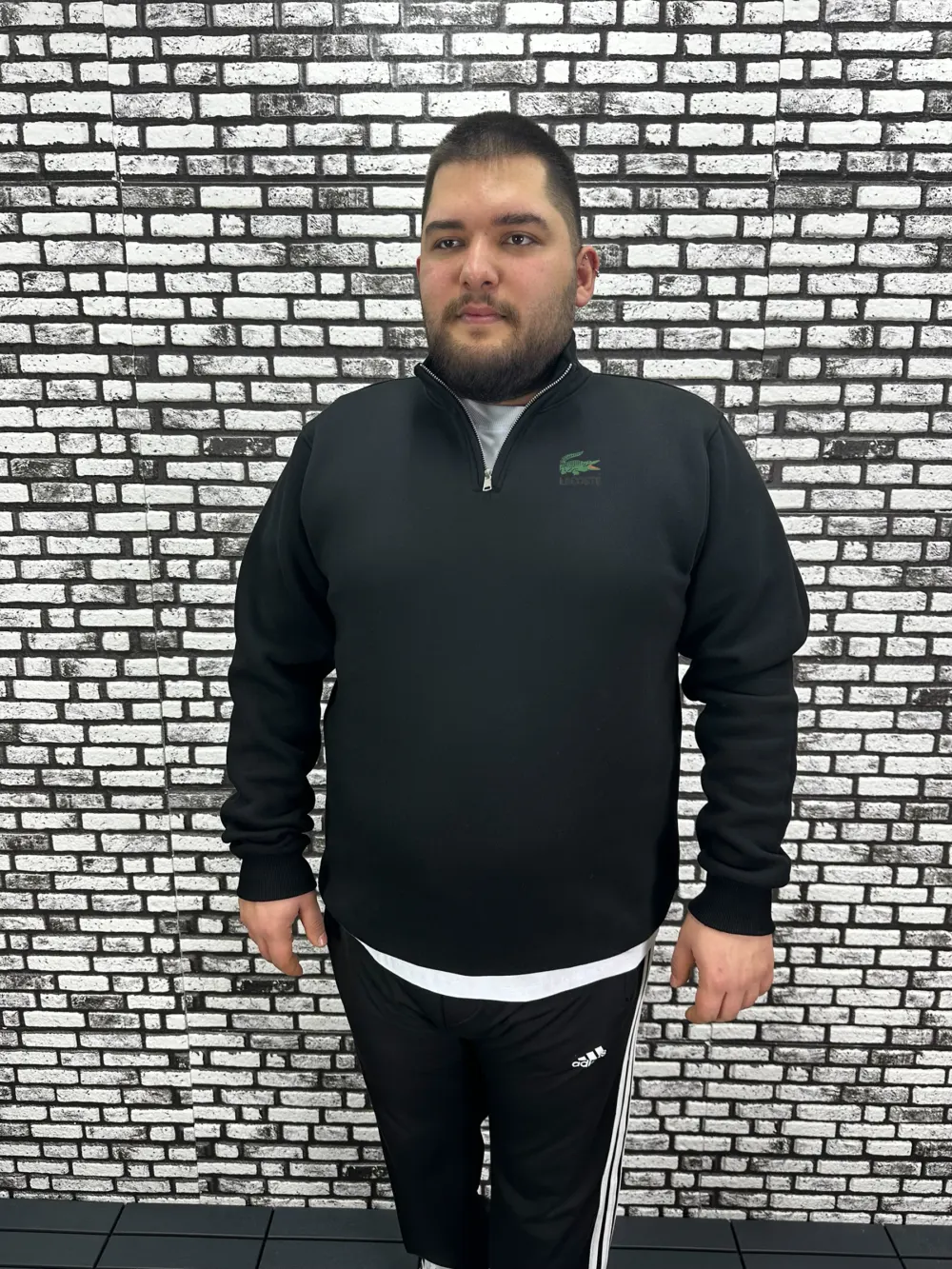 3 İplik Şardonlu Erkek Büyük Beden Yarım Fermuarlı Sweat Kabartma Baskı