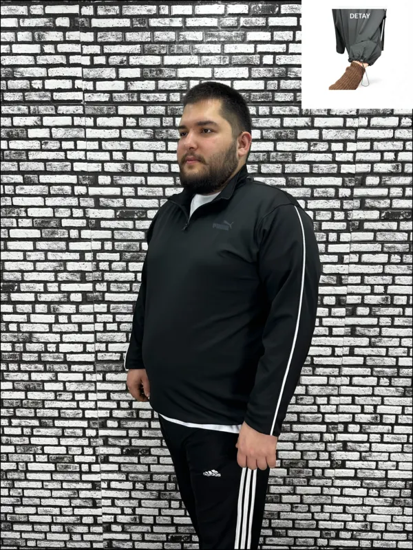 Dalgıç Kumaş Erkek Büyük Beden Yarım Fermuar Altı Lastikli Kabartma Baskı Sweat 2 Renk