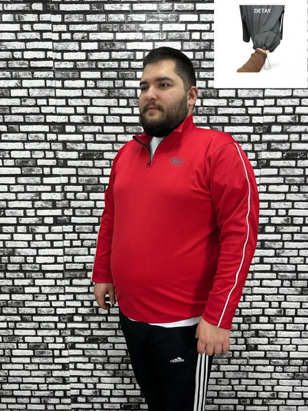 Dalgıç Kumaş Erkek Büyük Beden Yarım Fermuar Altı Lastikli Kabartma Baskı Sweat 2 Renk