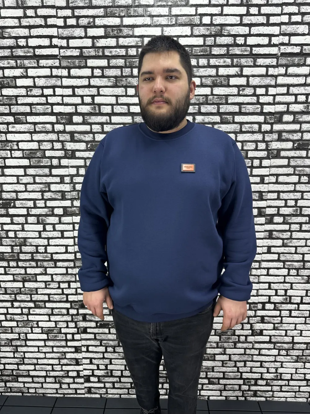 3 İplik Şardonlu Erkek Büyük Beden Yeni Sezon Sweat Dikiş Amblem 3 Renk