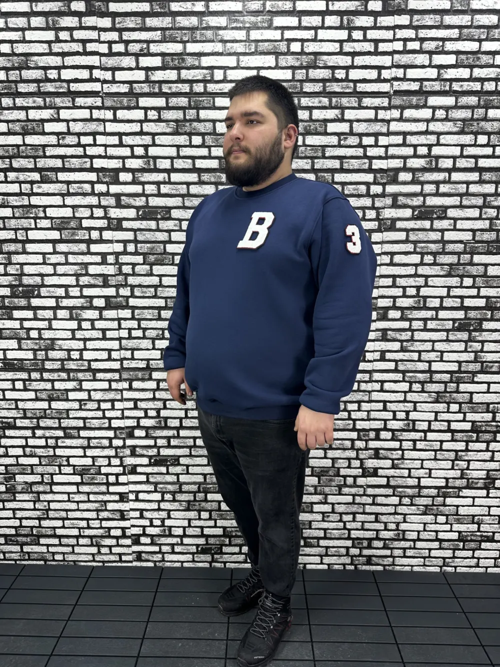 3 İplik Şardonlu Erkek Büyük Beden Yeni Sezon Sweat Dikiş Amblem 3 Renk