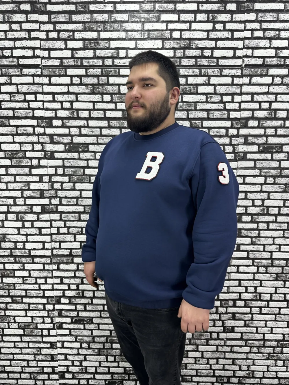 3 İplik Şardonlu Erkek Büyük Beden Yeni Sezon Sweat Dikiş Amblem 3 Renk