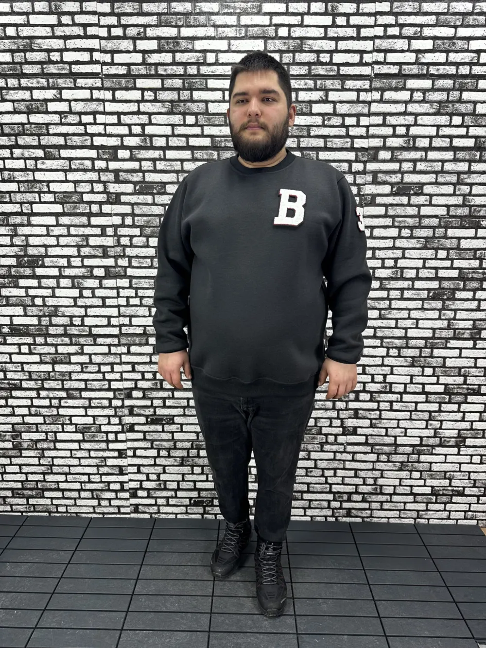 3 İplik Şardonlu Erkek Büyük Beden Yeni Sezon Sweat Dikiş Amblem 3 Renk