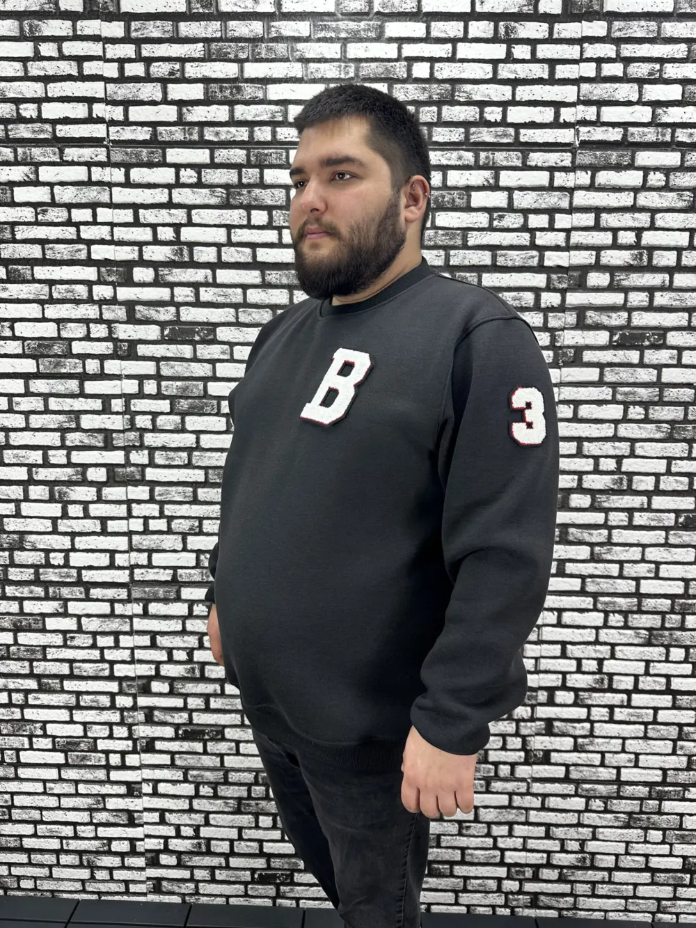 3 İplik Şardonlu Erkek Büyük Beden Yeni Sezon Sweat Dikiş Amblem 3 Renk
