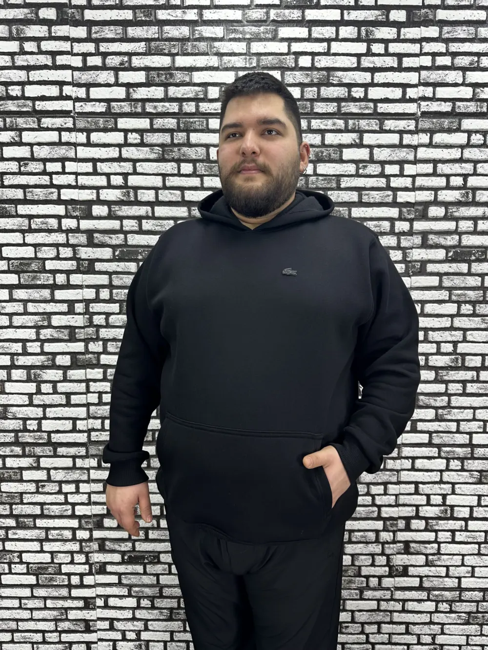 Büyük Beden Erkek 3 İplik Şardonlu Kapüşonlu Kanguru Cepli Dikiş Amblem Sweat 5 Renk