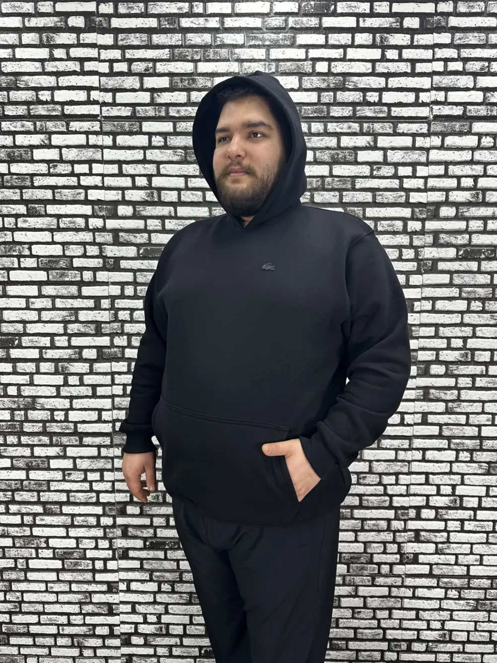 Büyük Beden Erkek 3 İplik Şardonlu Kapüşonlu Kanguru Cepli Dikiş Amblem Sweat 5 Renk