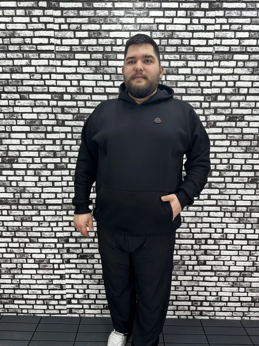 Büyük Beden Erkek 3 İplik Şardonlu Kapüşonlu Kanguru Cepli Dikiş Amblem Sweat 5 Renk