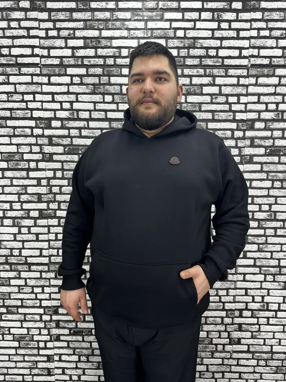 Büyük Beden Erkek 3 İplik Şardonlu Kapüşonlu Kanguru Cepli Dikiş Amblem Sweat 5 Renk