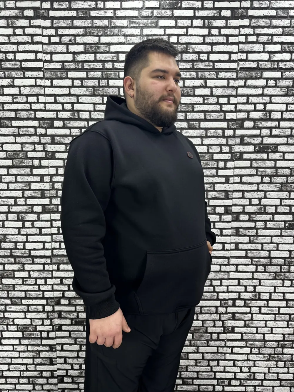 Büyük Beden Erkek 3 İplik Şardonlu Kapüşonlu Kanguru Cepli Dikiş Amblem Sweat 5 Renk