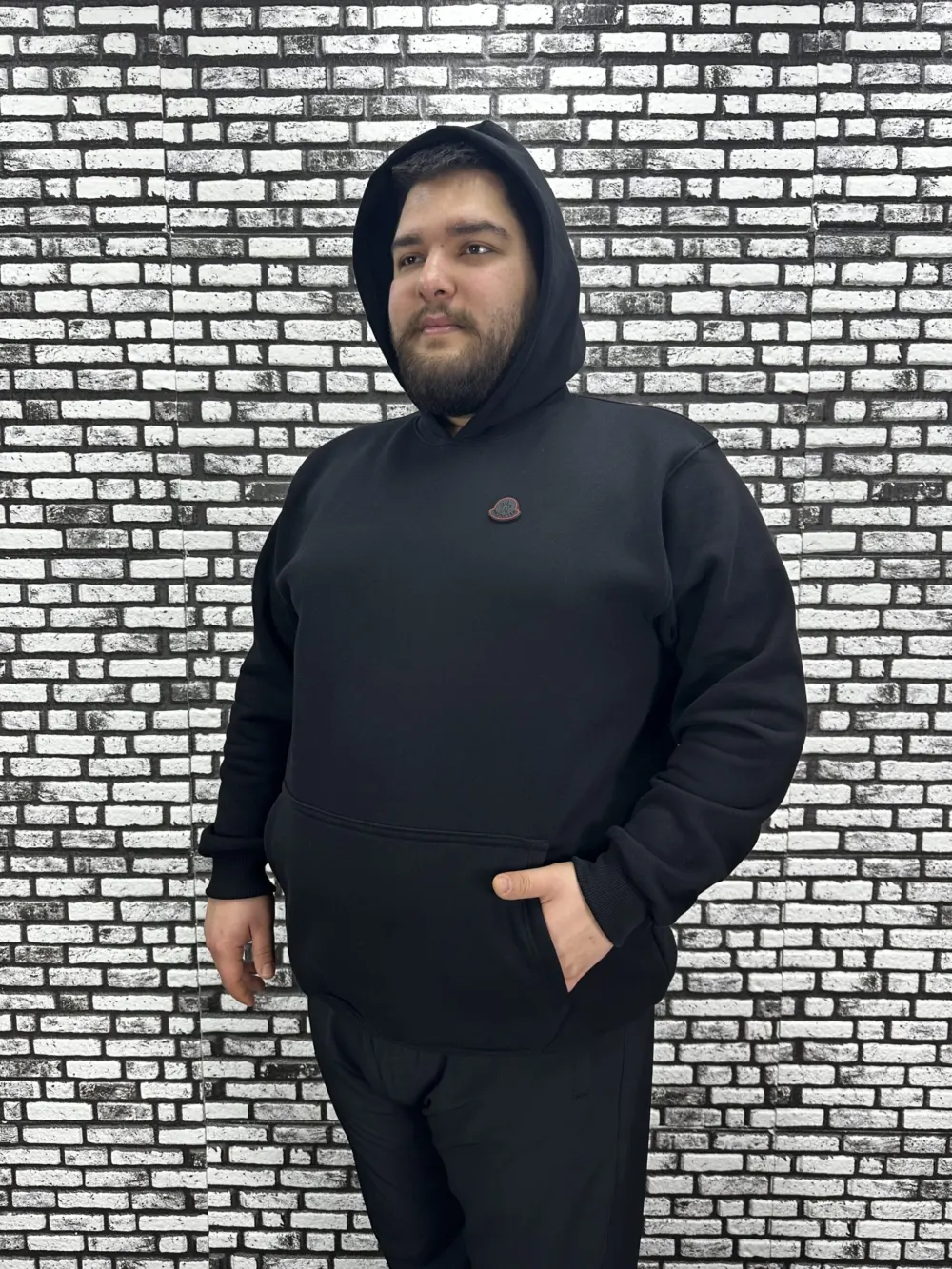 Büyük Beden Erkek 3 İplik Şardonlu Kapüşonlu Kanguru Cepli Dikiş Amblem Sweat 5 Renk