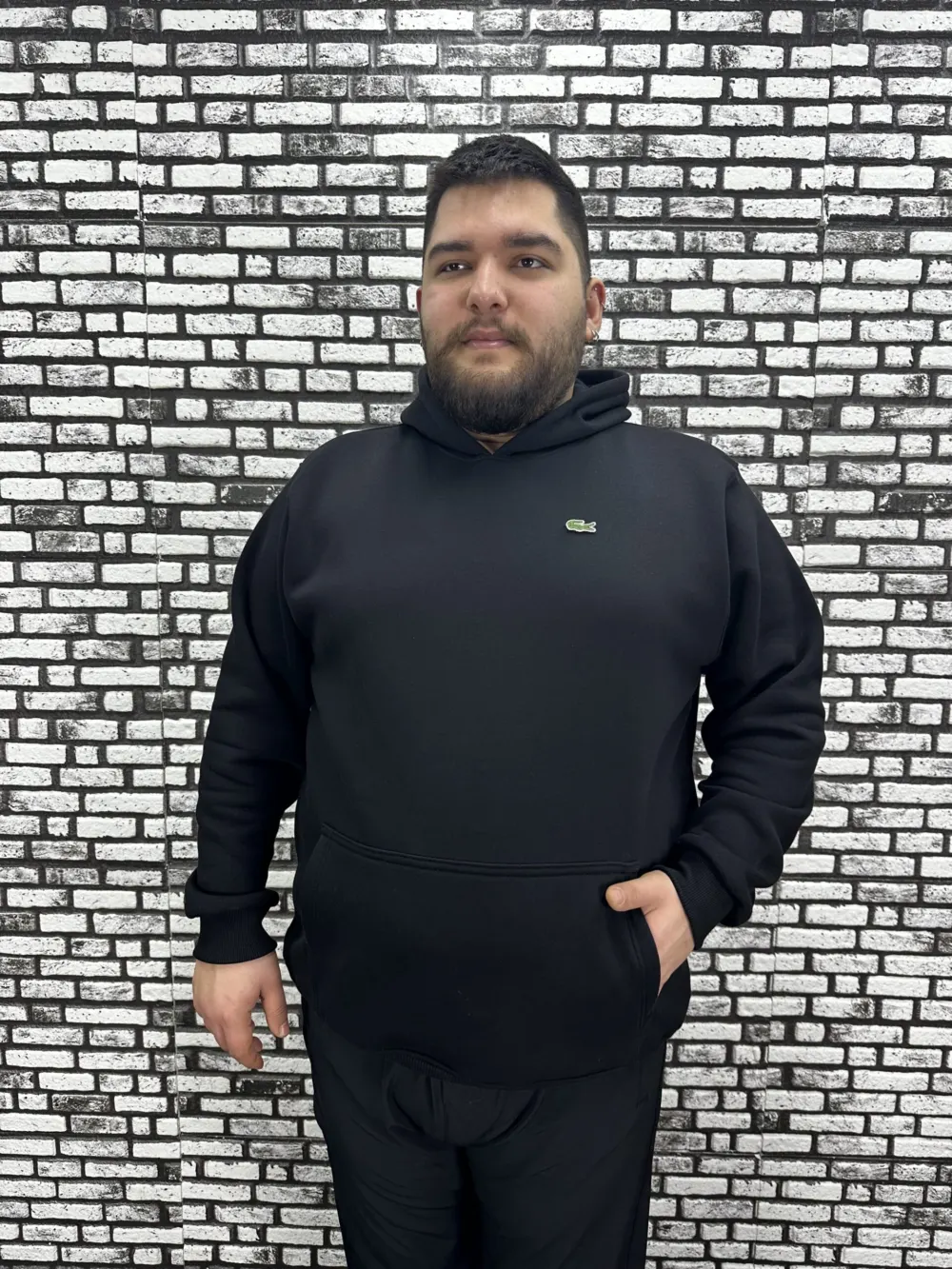 Büyük Beden Erkek 3 İplik Şardonlu Kapüşonlu Kanguru Cepli Dikiş Amblem Sweat 5 Renk