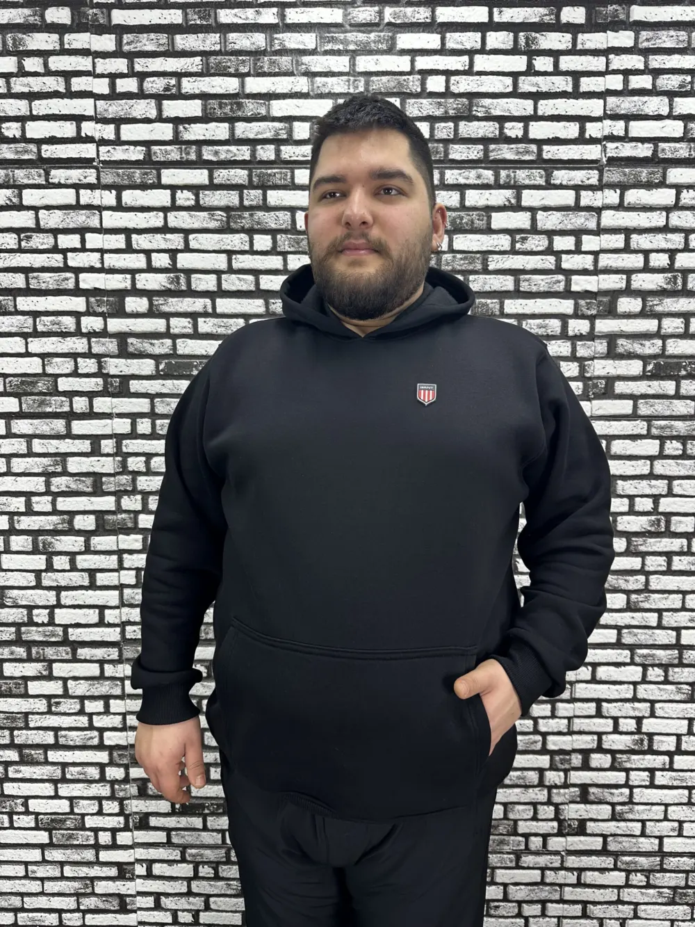 Büyük Beden Erkek 3 İplik Şardonlu Kapüşonlu Kanguru Cepli Dikiş Amblem Sweat 5 Renk