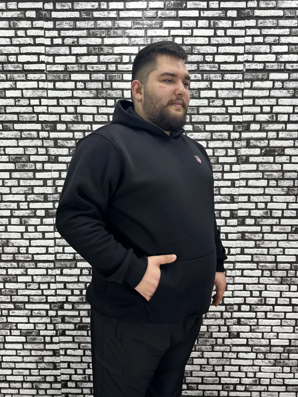 Büyük Beden Erkek 3 İplik Şardonlu Kapüşonlu Kanguru Cepli Dikiş Amblem Sweat 5 Renk