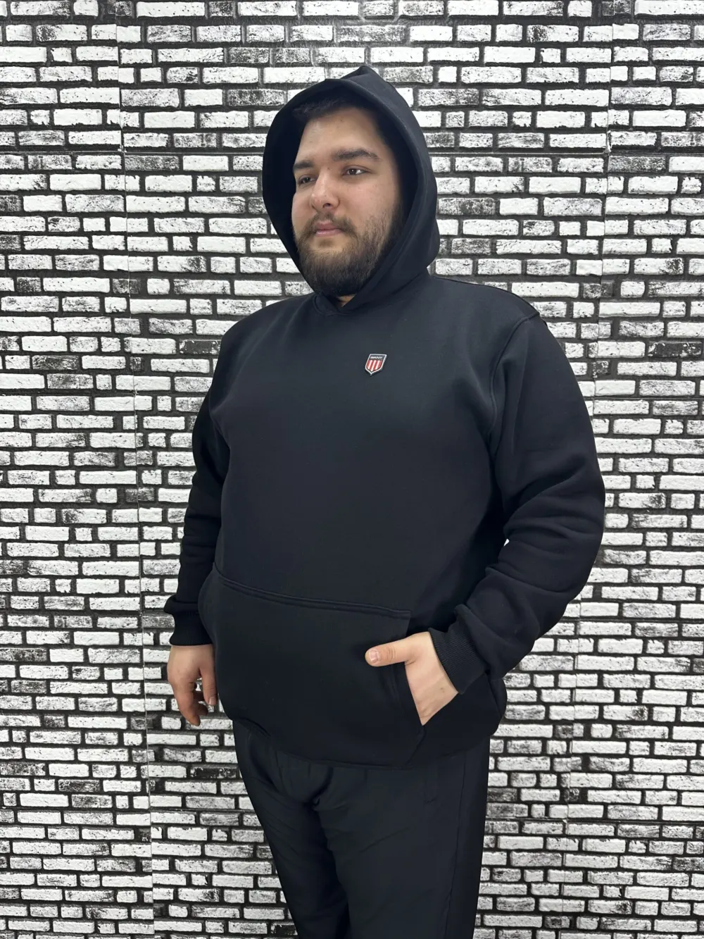 Büyük Beden Erkek 3 İplik Şardonlu Kapüşonlu Kanguru Cepli Dikiş Amblem Sweat 5 Renk
