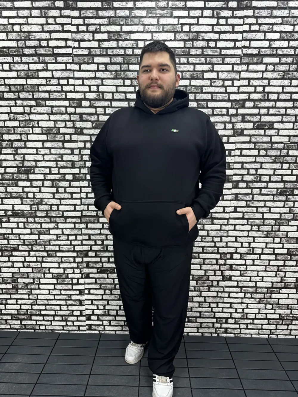 Büyük Beden Erkek 3 İplik Şardonlu Kapüşonlu Kanguru Cepli Dikiş Amblem Sweat 5 Renk