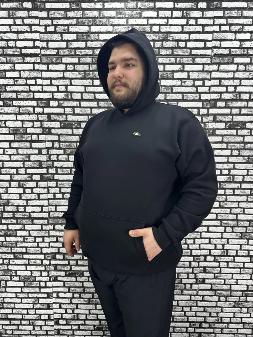 Büyük Beden Erkek 3 İplik Şardonlu Kapüşonlu Kanguru Cepli Dikiş Amblem Sweat 5 Renk