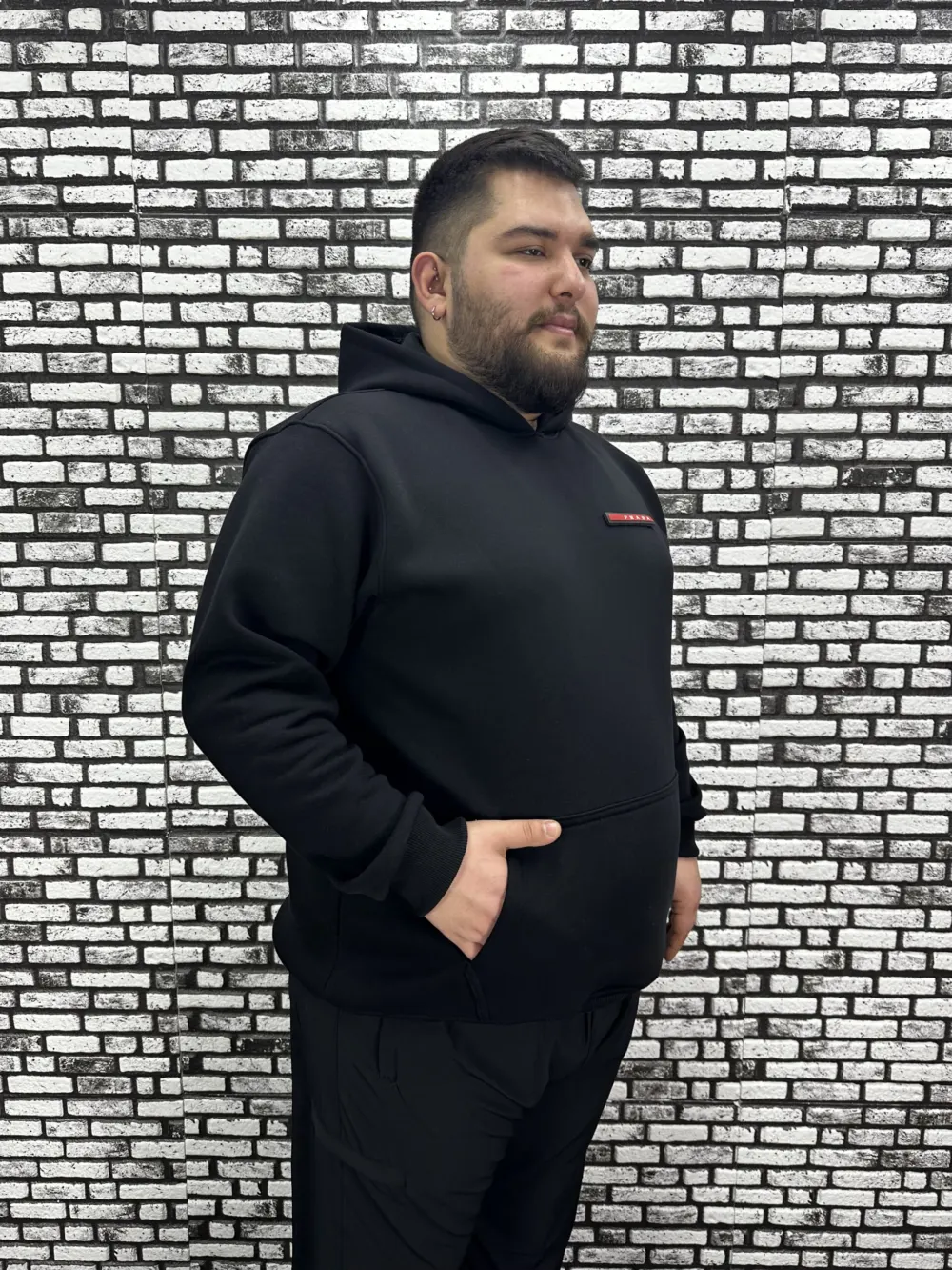 Büyük Beden Erkek 3 İplik Şardonlu Kapüşonlu Kanguru Cepli Dikiş Amblem Sweat 5 Renk