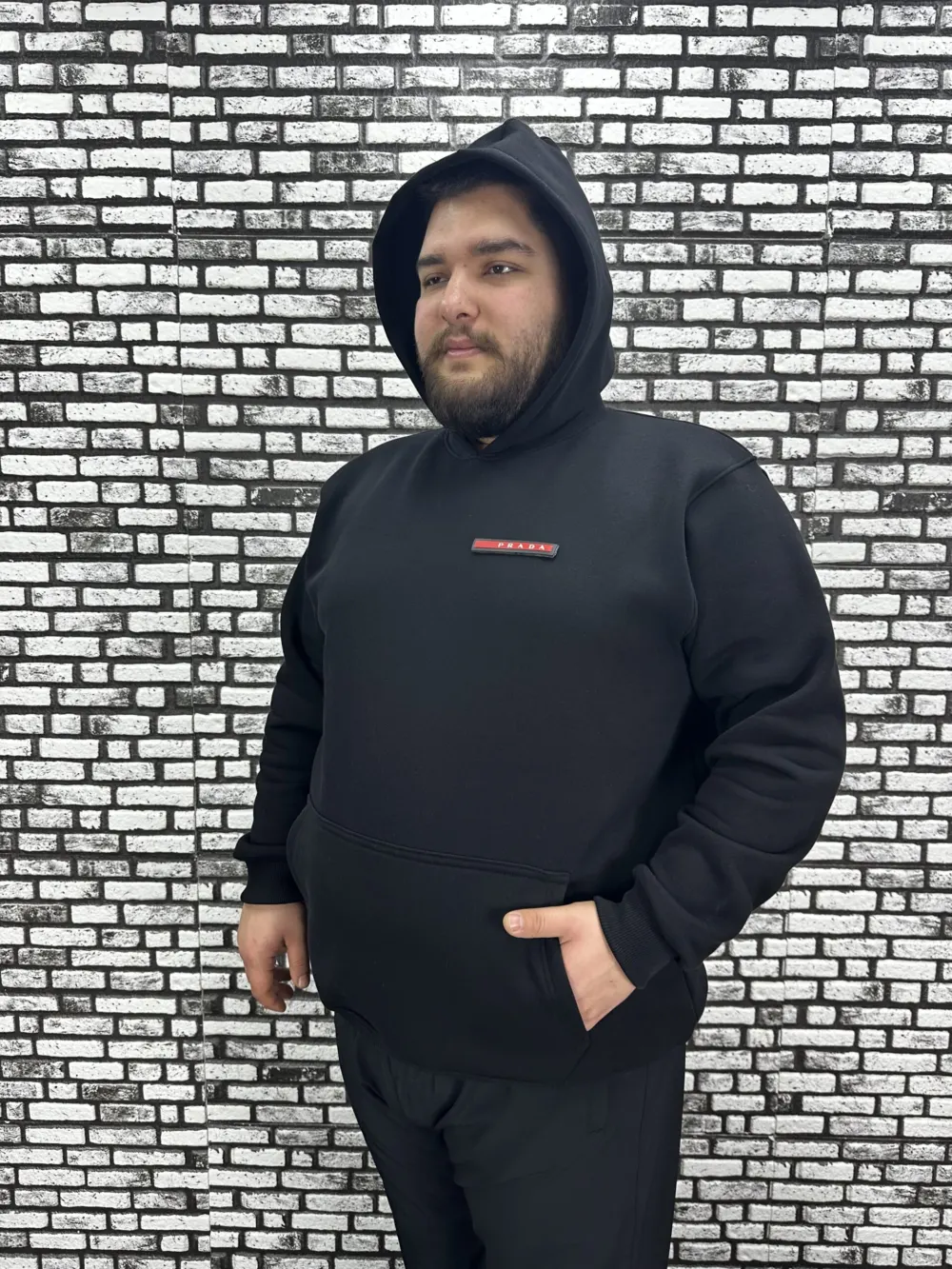 Büyük Beden Erkek 3 İplik Şardonlu Kapüşonlu Kanguru Cepli Dikiş Amblem Sweat 5 Renk