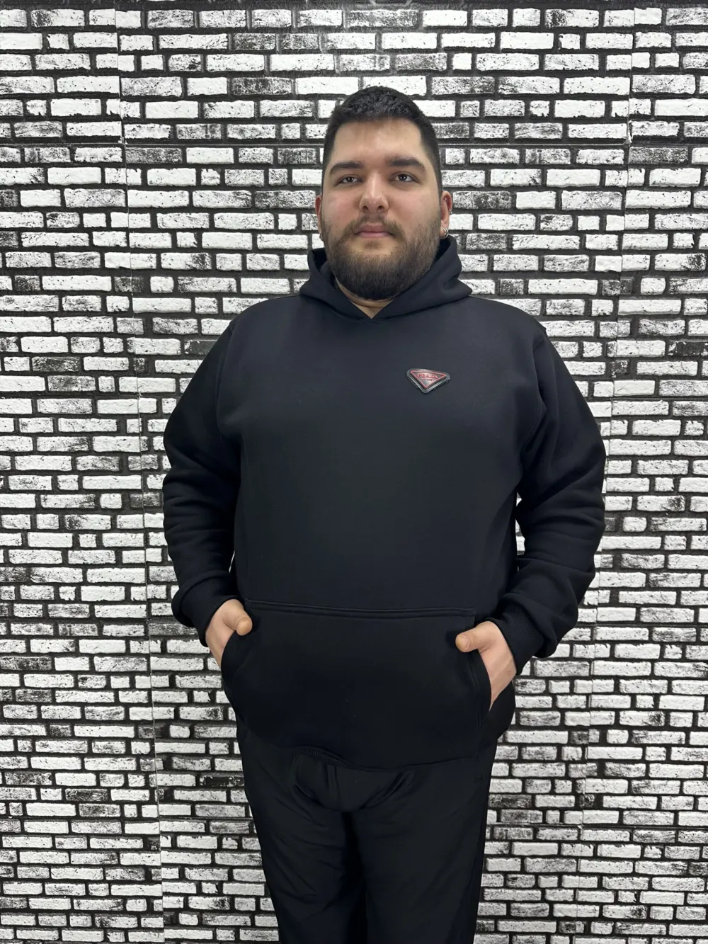 Büyük Beden Erkek 3 İplik Şardonlu Kapüşonlu Kanguru Cepli Dikiş Amblem Sweat 5 Renk