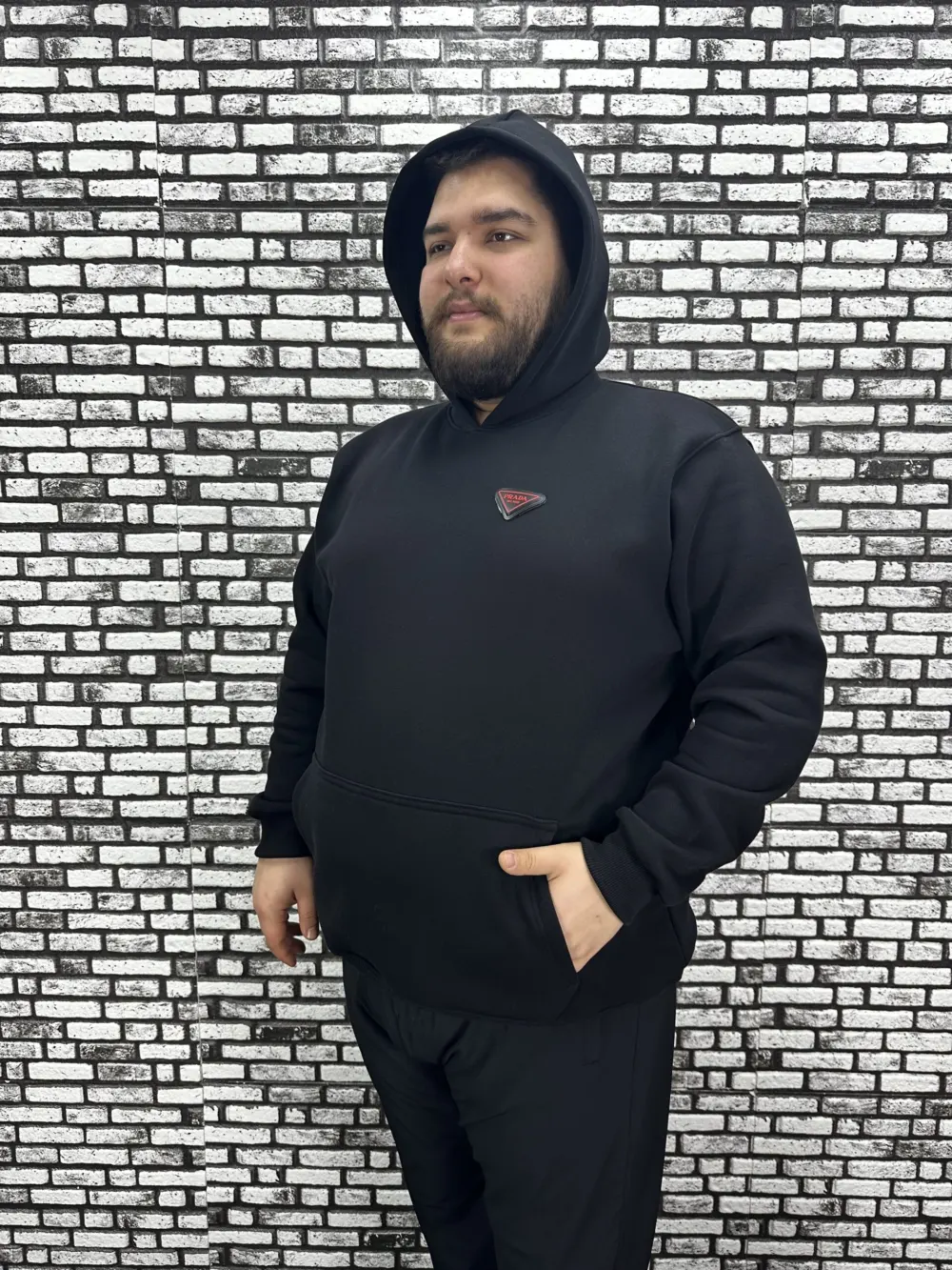 Büyük Beden Erkek 3 İplik Şardonlu Kapüşonlu Kanguru Cepli Dikiş Amblem Sweat 5 Renk