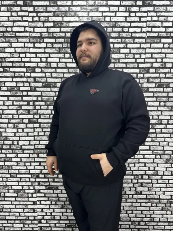 Büyük Beden Erkek 3 İplik Şardonlu Kapüşonlu Kanguru Cepli Dikiş Amblem Sweat 5 Renk