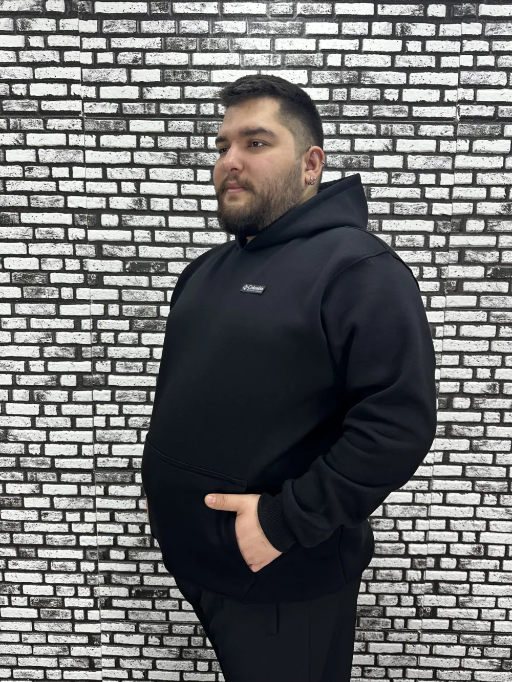 Büyük Beden Erkek 3 İplik Şardonlu Kapüşonlu Kanguru Cepli Dikiş Amblem Sweat 5 Renk