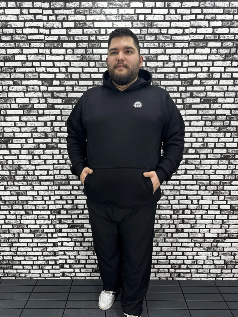 Büyük Beden Erkek 3 İplik Şardonlu Kapüşonlu Kanguru Cepli Dikiş Amblem Sweat 5 Renk
