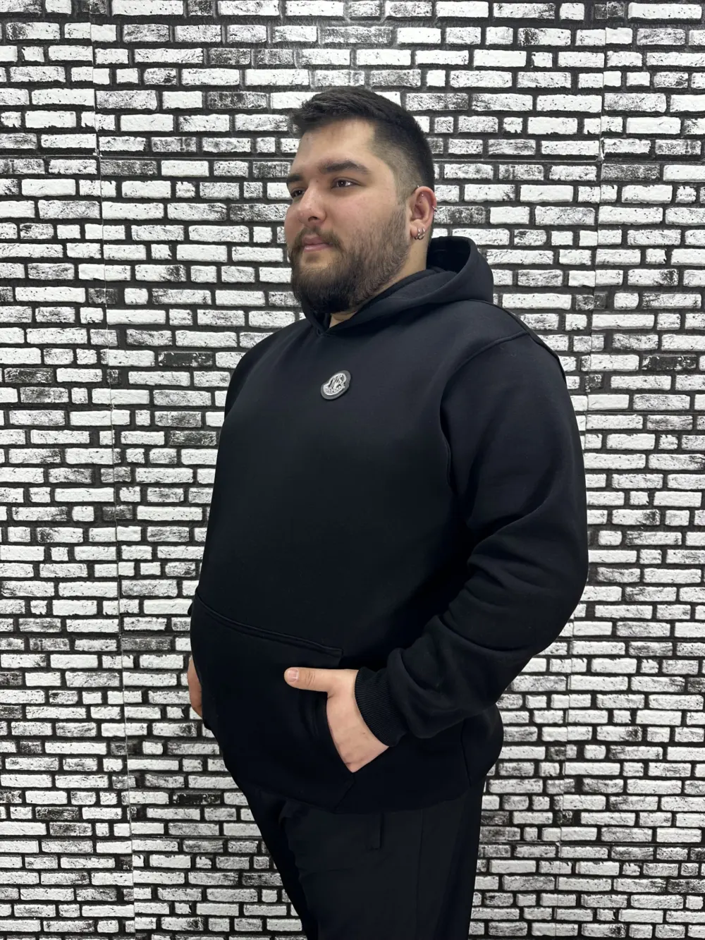 Büyük Beden Erkek 3 İplik Şardonlu Kapüşonlu Kanguru Cepli Dikiş Amblem Sweat 5 Renk