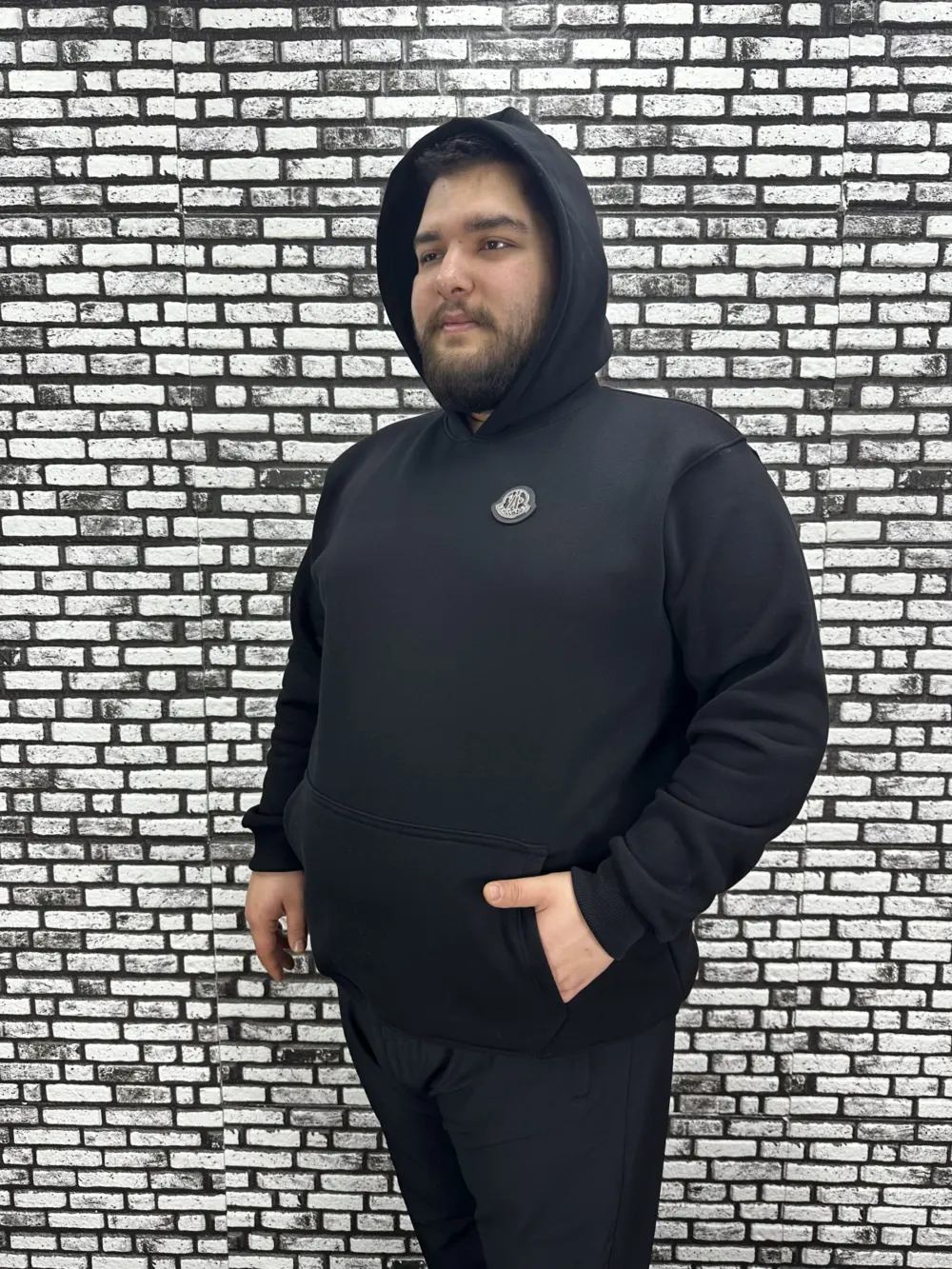 Büyük Beden Erkek 3 İplik Şardonlu Kapüşonlu Kanguru Cepli Dikiş Amblem Sweat 5 Renk