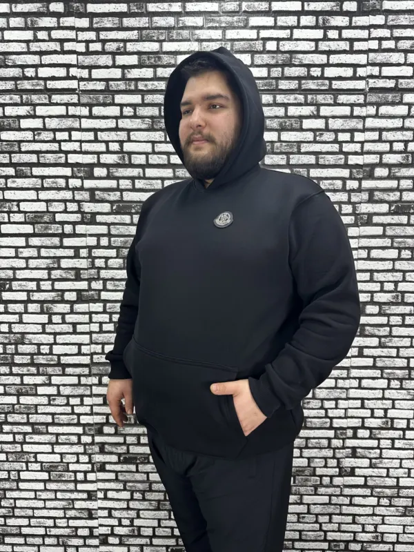 Büyük Beden Erkek 3 İplik Şardonlu Kapüşonlu Kanguru Cepli Dikiş Amblem Sweat 5 Renk