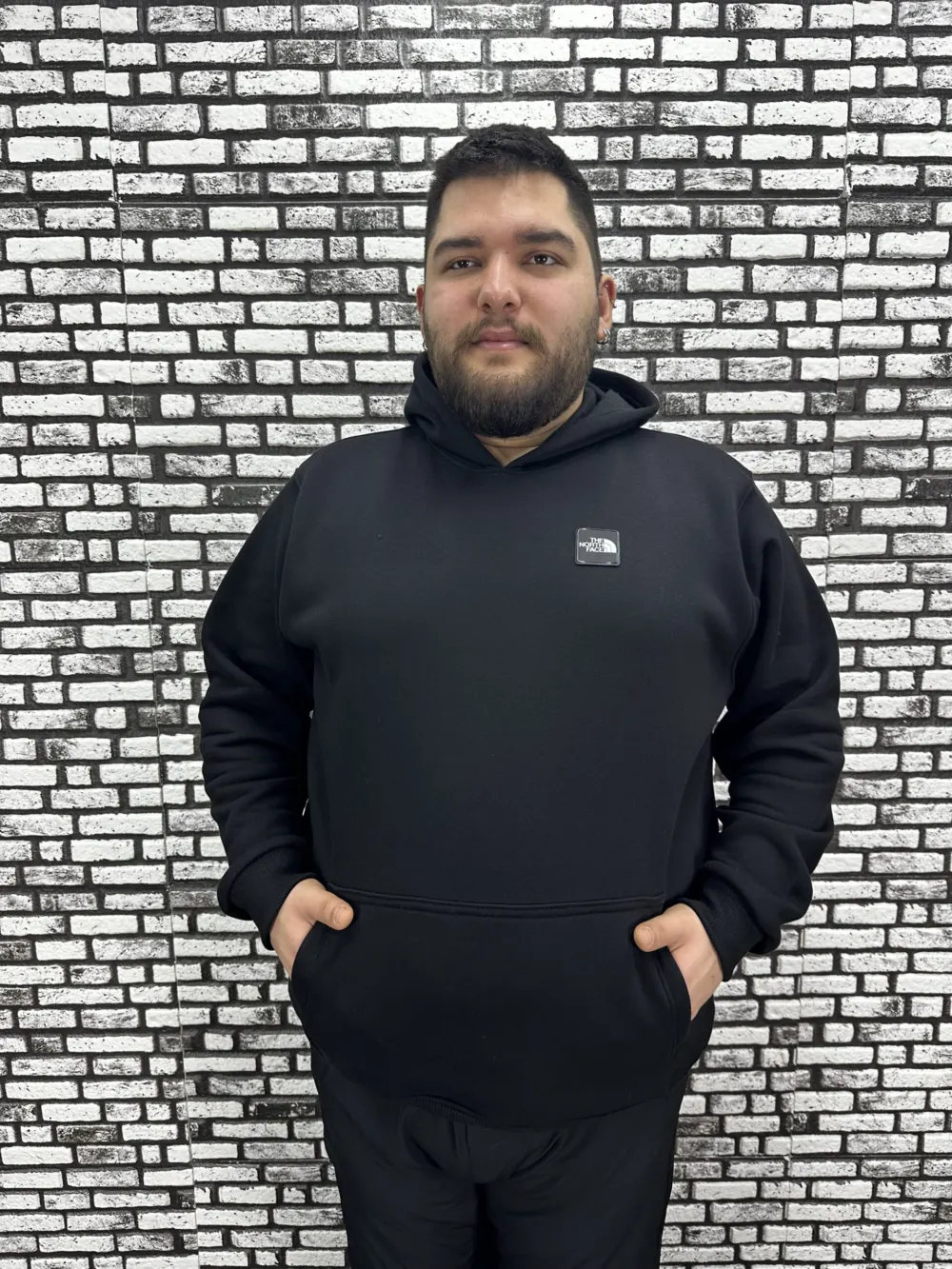 Büyük Beden Erkek 3 İplik Şardonlu Kapüşonlu Kanguru Cepli Dikiş Amblem Sweat 5 Renk