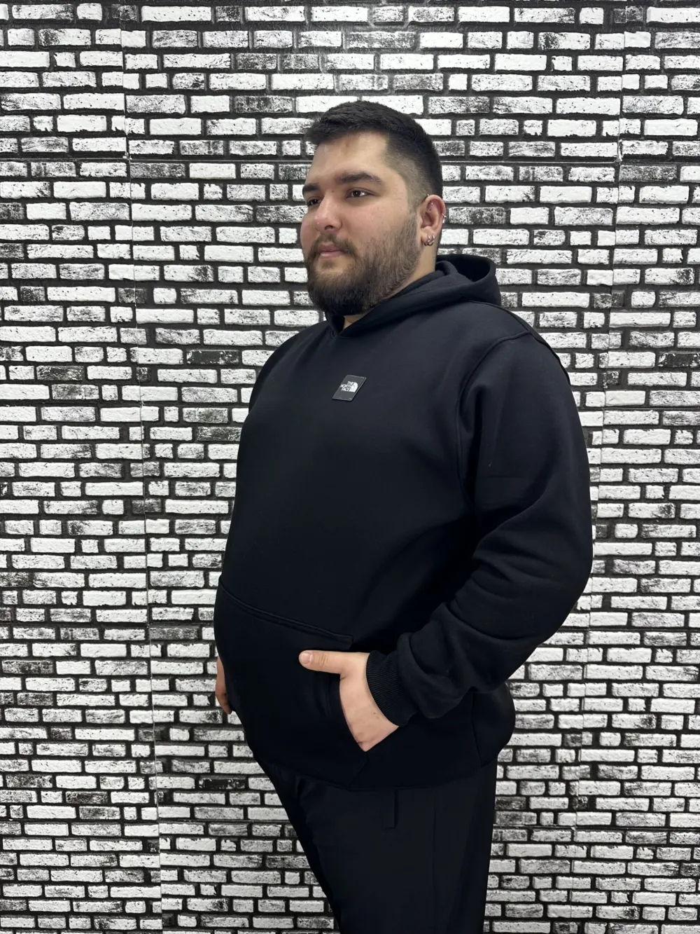 Büyük Beden Erkek 3 İplik Şardonlu Kapüşonlu Kanguru Cepli Dikiş Amblem Sweat 5 Renk