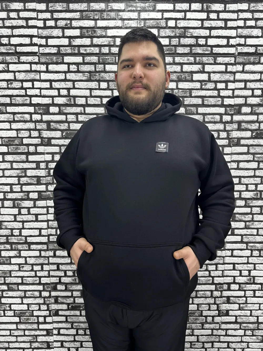 Büyük Beden Erkek 3 İplik Şardonlu Kapüşonlu Kanguru Cepli Dikiş Amblem Sweat 5 Renk