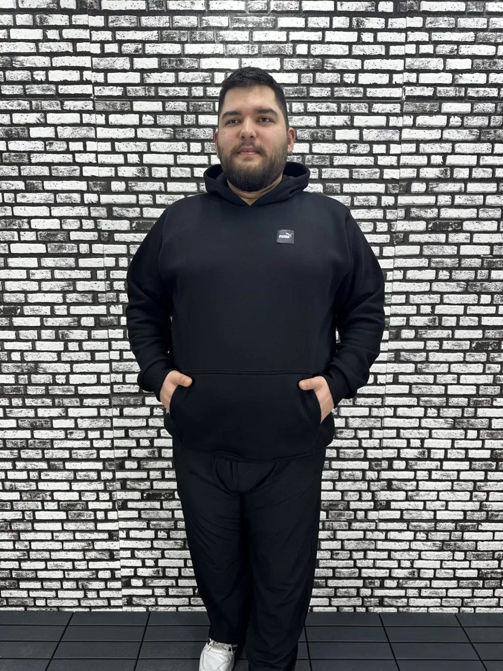 Büyük Beden Erkek 3 İplik Şardonlu Kapüşonlu Kanguru Cepli Dikiş Amblem Sweat 5 Renk