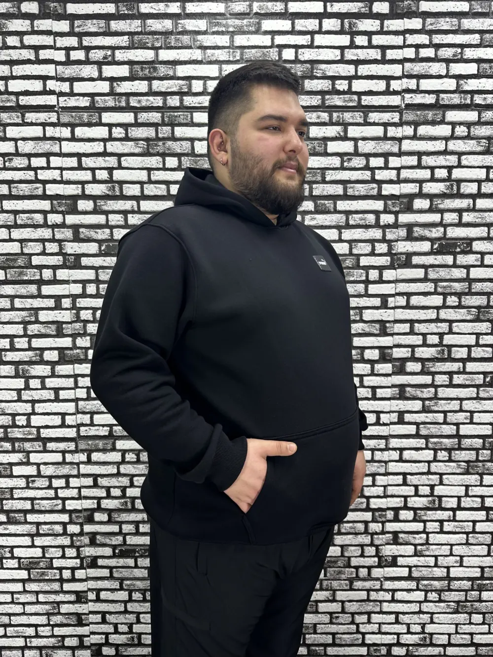Büyük Beden Erkek 3 İplik Şardonlu Kapüşonlu Kanguru Cepli Dikiş Amblem Sweat 5 Renk