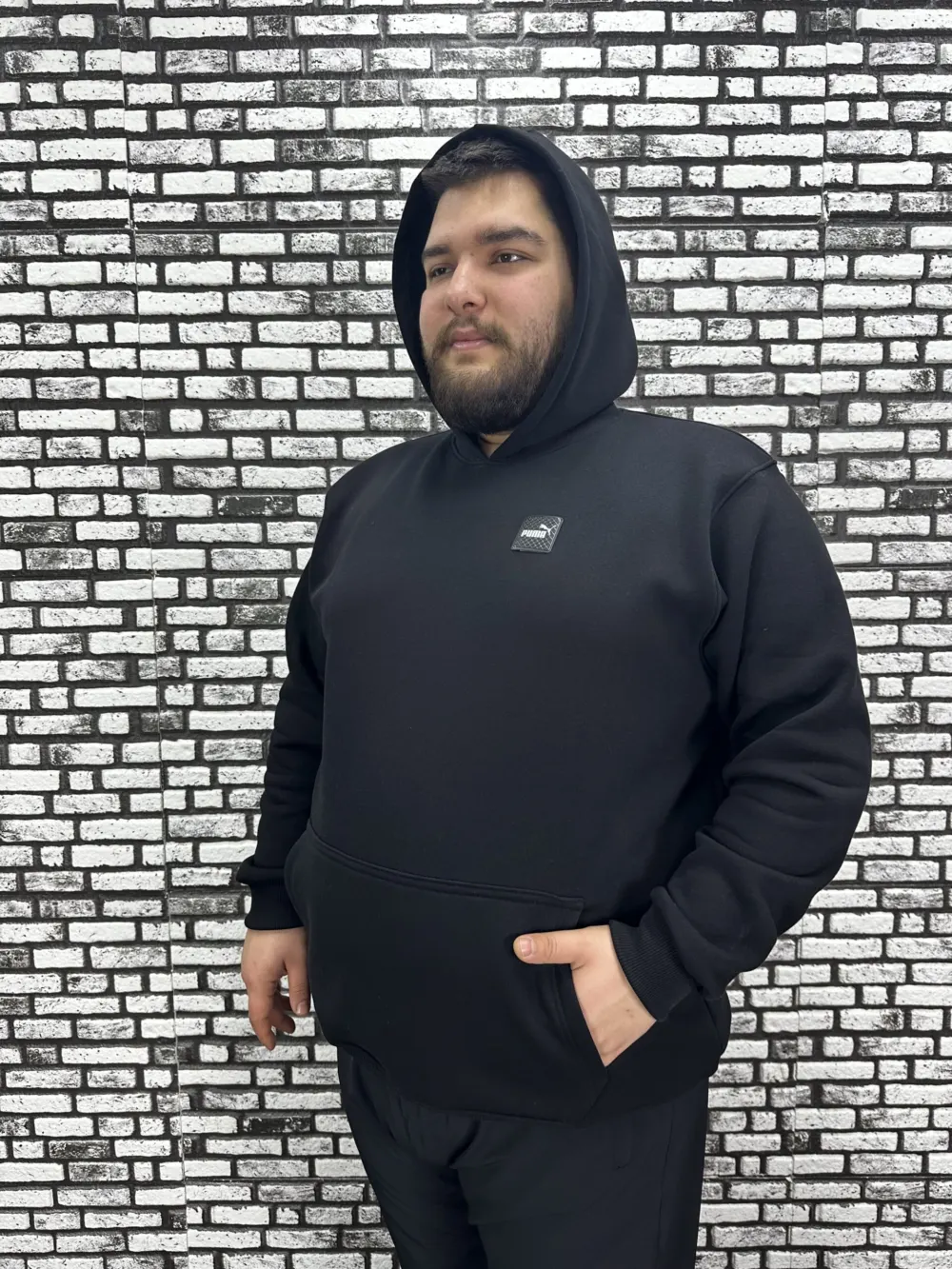 Büyük Beden Erkek 3 İplik Şardonlu Kapüşonlu Kanguru Cepli Dikiş Amblem Sweat 5 Renk