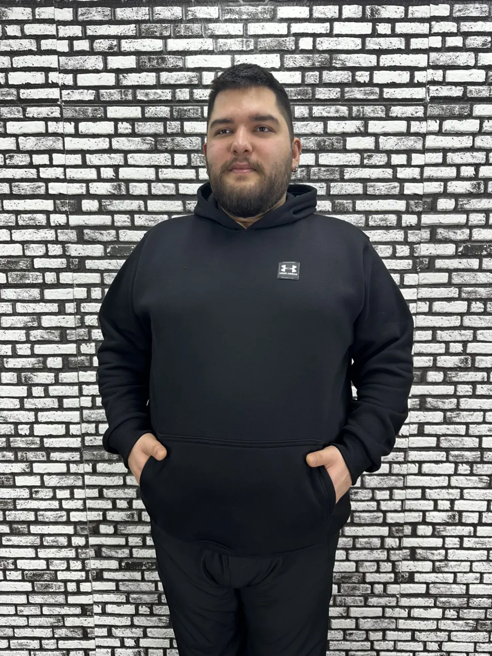 Büyük Beden Erkek 3 İplik Şardonlu Kapüşonlu Kanguru Cepli Dikiş Amblem Sweat 5 Renk
