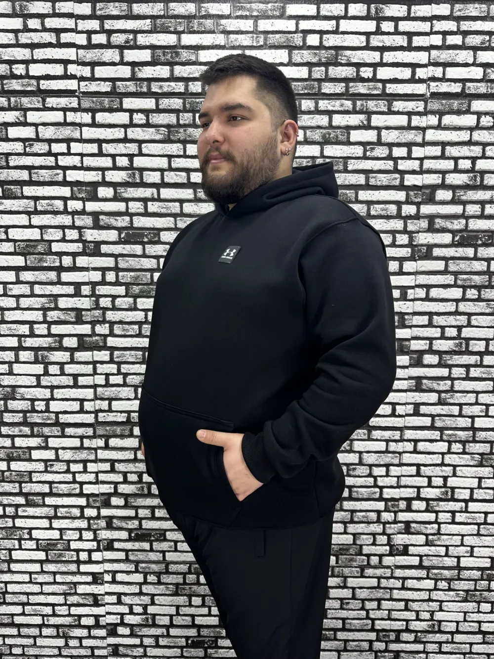 Büyük Beden Erkek 3 İplik Şardonlu Kapüşonlu Kanguru Cepli Dikiş Amblem Sweat 5 Renk