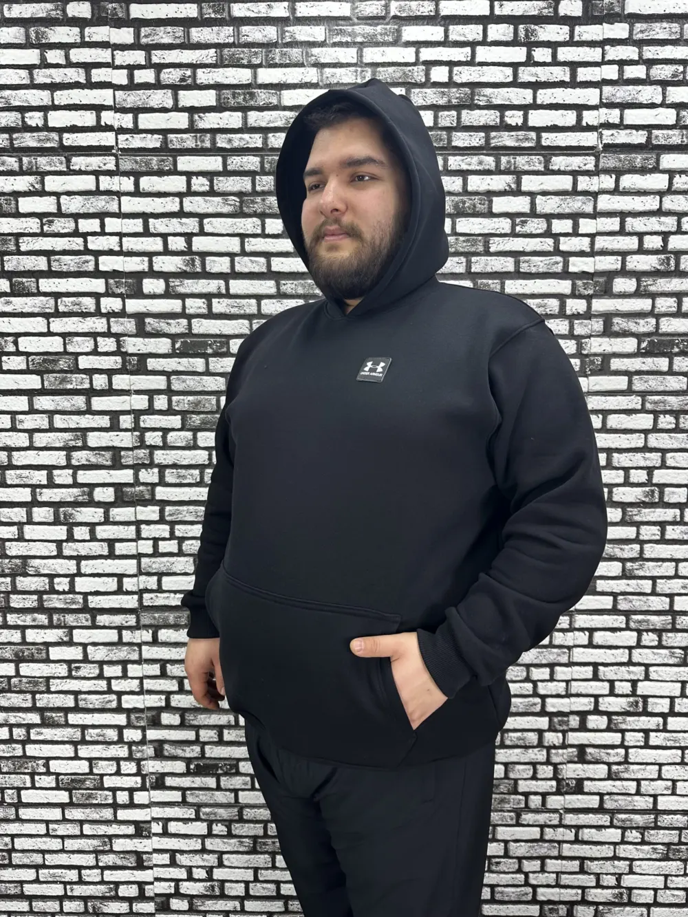 Büyük Beden Erkek 3 İplik Şardonlu Kapüşonlu Kanguru Cepli Dikiş Amblem Sweat 5 Renk