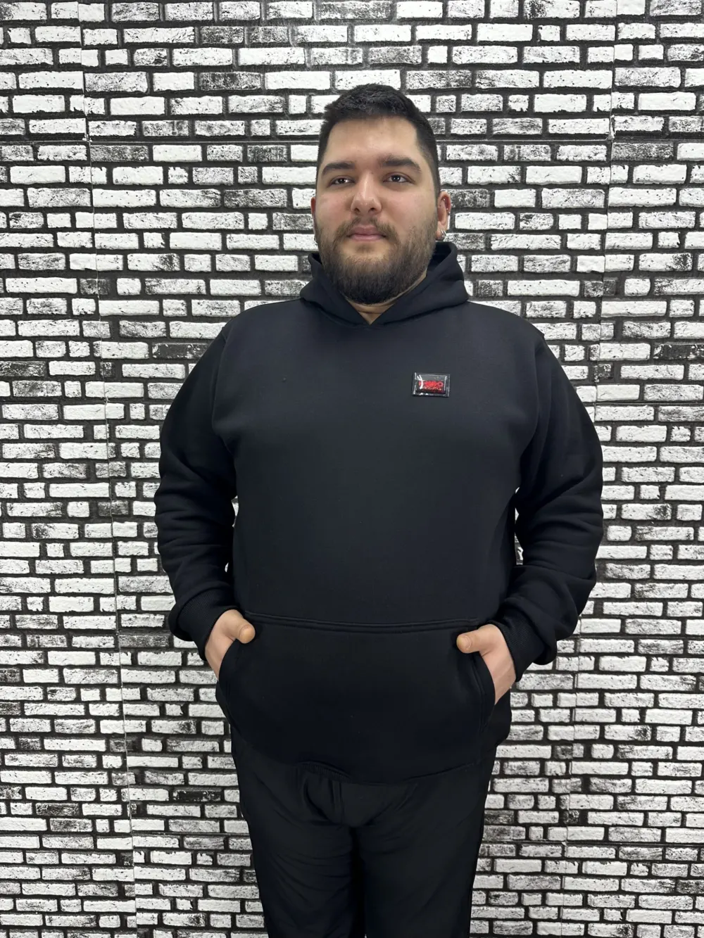 Büyük Beden Erkek 3 İplik Şardonlu Kapüşonlu Kanguru Cepli Dikiş Amblem Sweat 5 Renk